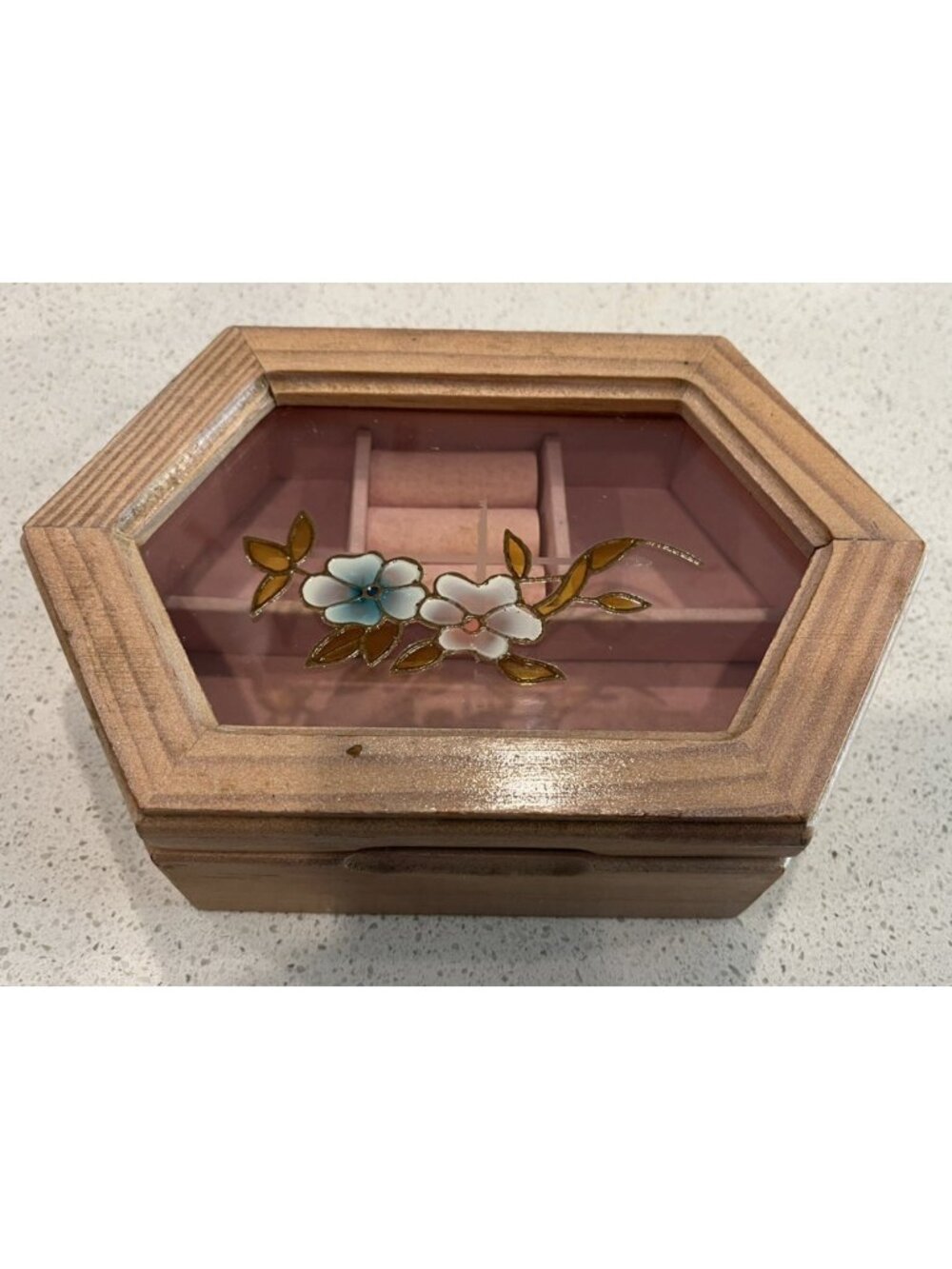 Vintage Wood Jewelry Box Floral Glass Lid Pink Interior Cottagecore Trinket 8”